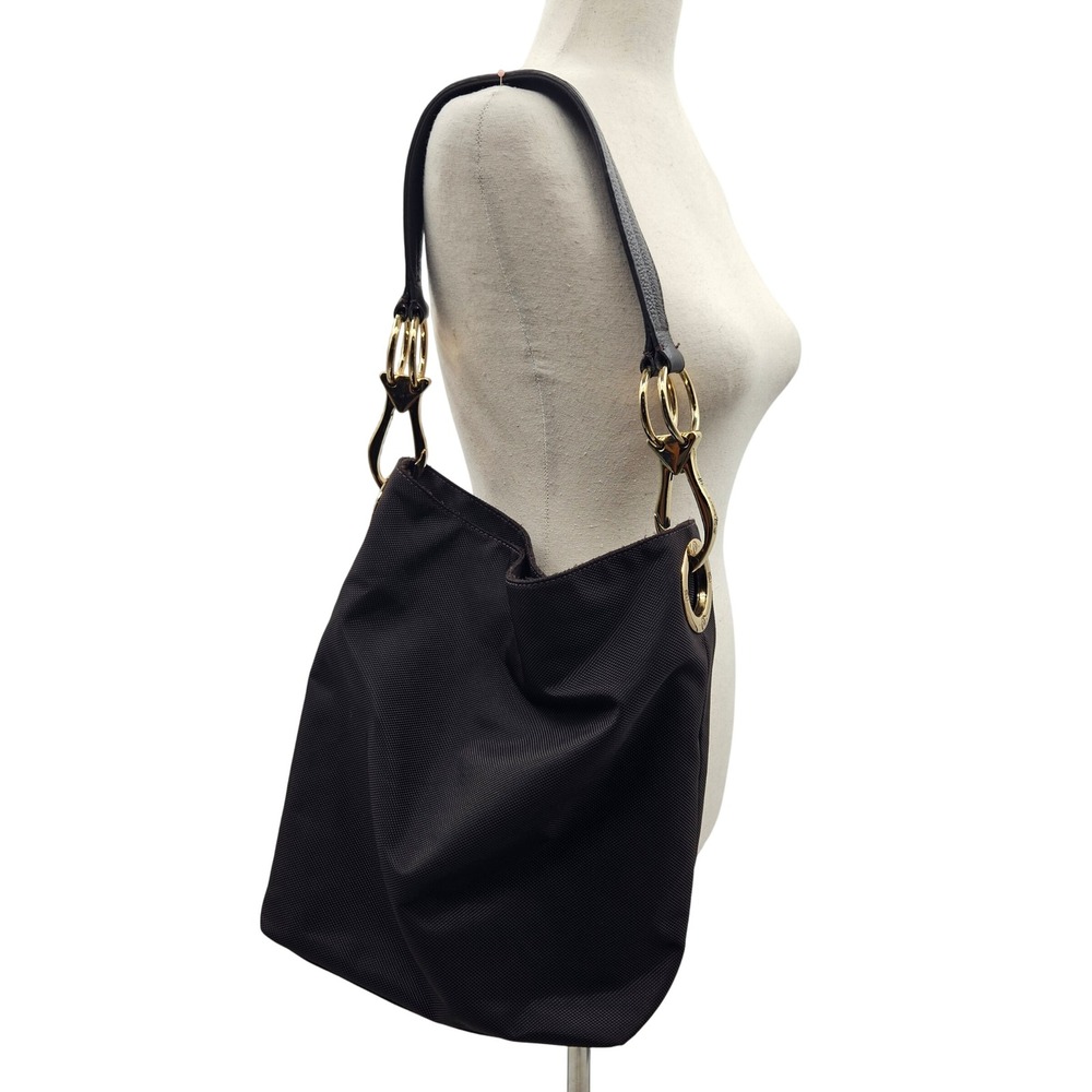 JPK‎ Paris 75 Dark Brown Nylon Gold Tone Ring Leather Handle Shoulder Bag Purse